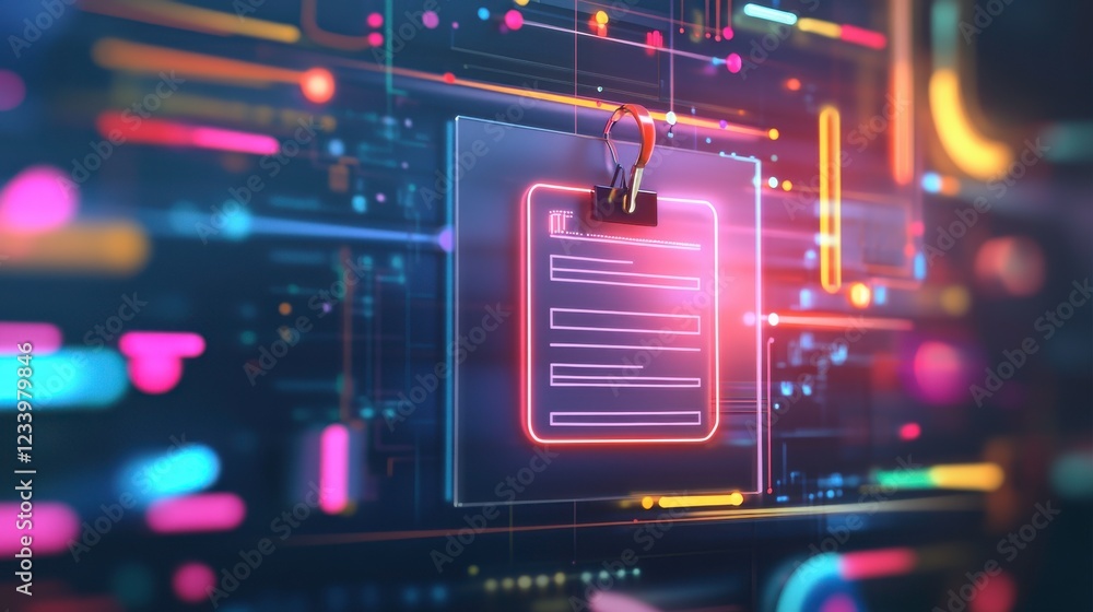 Poster a vibrant digital representation featuring a glowing document icon, surrounded by colorful data stre