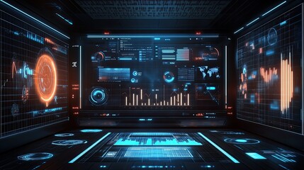 AI-driven predictive analytics concept with futuristic digital dashboard and glowing charts, copy space.