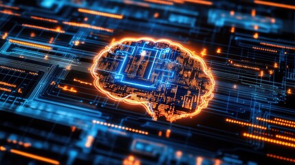 AI-powered data processing with machine learning circuits, neural networks, and futuristic copy space.