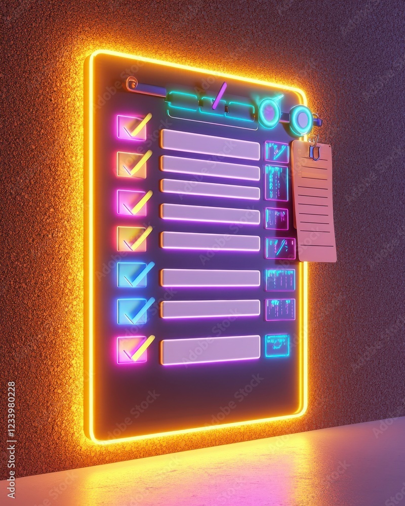 Poster a glowing neon checklist displayed on a textured wall, featuring colorful checkboxes and a note, cre