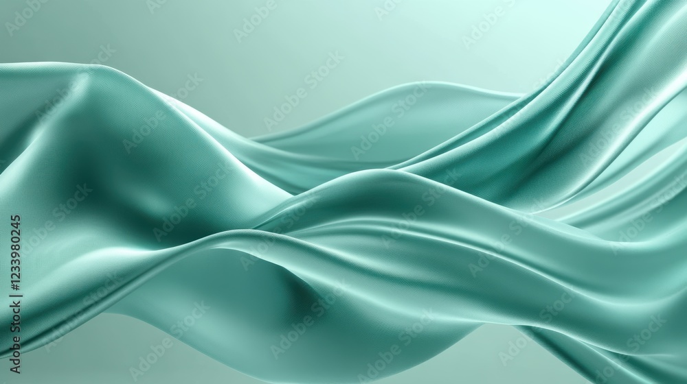 Poster an abstract satin turquoise sea waves design featuring smooth curves and soft shadows on a clean, mo