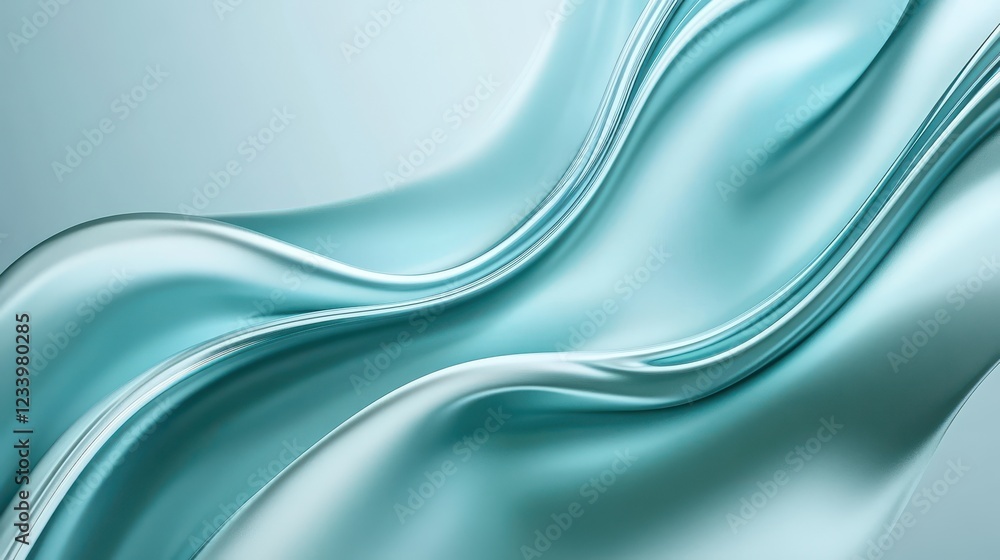 Poster an abstract satin turquoise sea waves design featuring smooth curves and soft shadows on a clean, mo