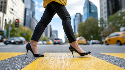 Fototapeta premium Woman walking city street, crossing, high heels, blurred background, business commute
