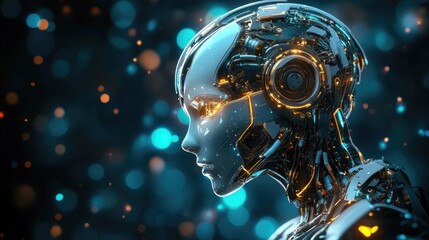 An advanced robotic automation concept with a futuristic AI-driven business process workflow, copy space.