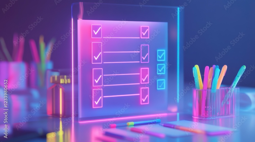 Poster a vibrant, futuristic workspace featuring a glowing checklist display and colorful stationery, creat