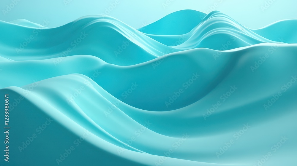 Poster an abstract satin turquoise sea waves design featuring smooth curves and soft shadows on a clean, mo