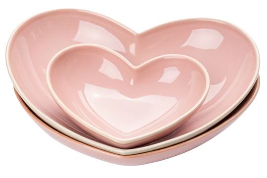 Nested heart-shaped pink bowls isolated with transparent background