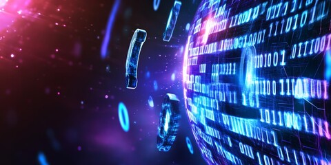 Digital sphere rotating with binary code and data flowing around