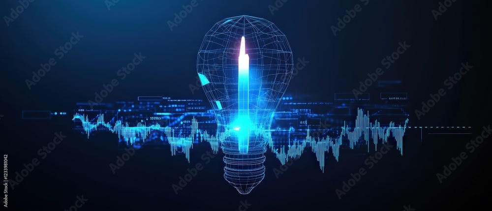 Poster light bulb illuminated against a solid blue background showcasing modern design and functionality