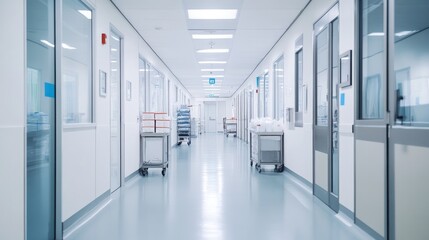 A bright and clean hospital hallway with medical supplies stored neatly on shelves, offering ample space for healthcare content.