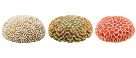 Three types of brain coral isolated with transparent background