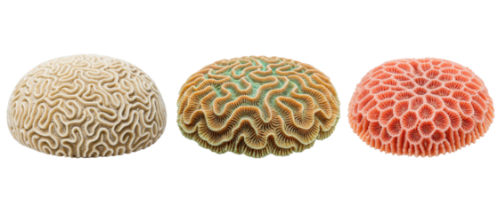 Three types of brain coral isolated with transparent background