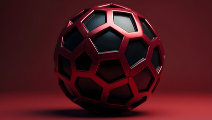 Fototapeta premium Abstract geometric sphere with hexagonal pattern. A dark metallic core is encased in a vibrant red, open-lattice structure. Modern 3D render for technology, design, and innovation concepts.