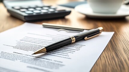 A business agreement document with a pen, calculator, and coffee cup on a professional desk, copy space.