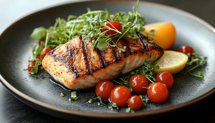 Photo - Grilled Salmon, Cherry Tomatoes, and Microgreens on a Plate