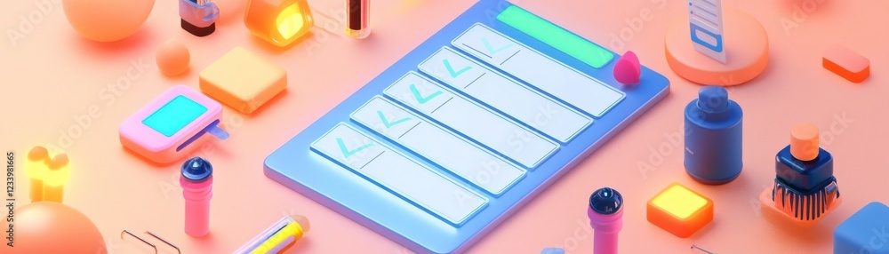 Poster a colorful digital workspace featuring a checklist on a tablet surrounded by various stationery item