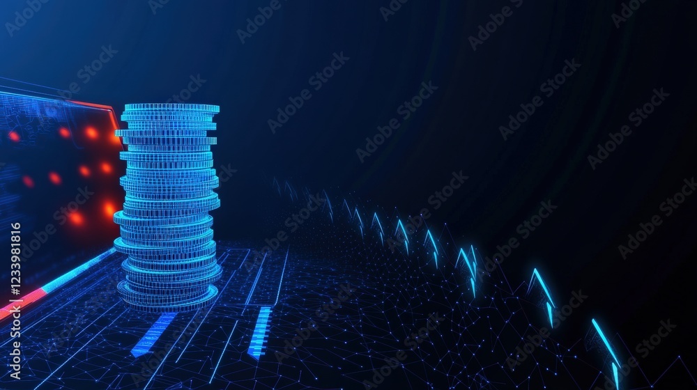 Poster stack of coins arranged on a dark background with various denominations and reflections visible