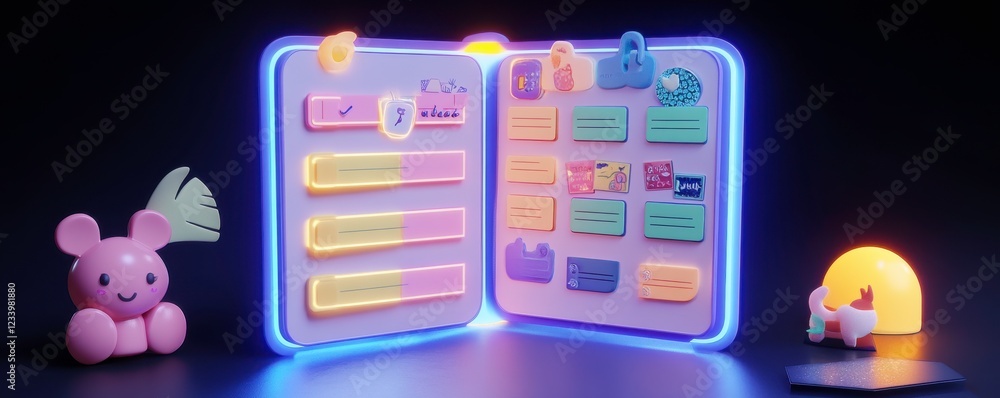 Poster a colorful interactive book with neon accents, featuring playful characters and various colorful tab