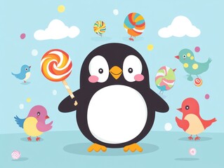 Cute penguin with lollipop, colorful birds, candy, sky background; children's book illustration