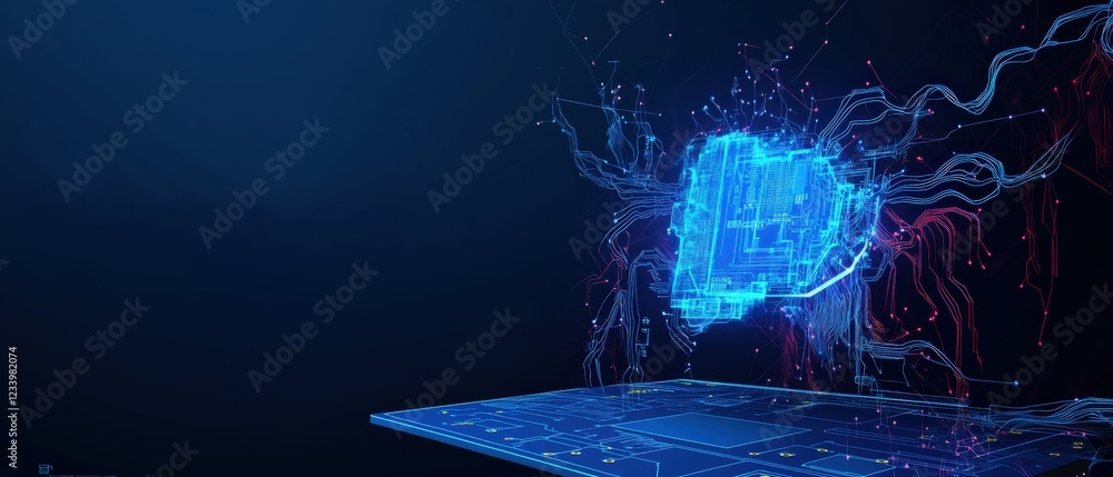 Poster laptop with a visible circuit board design showcasing technology and innovation in digital devices