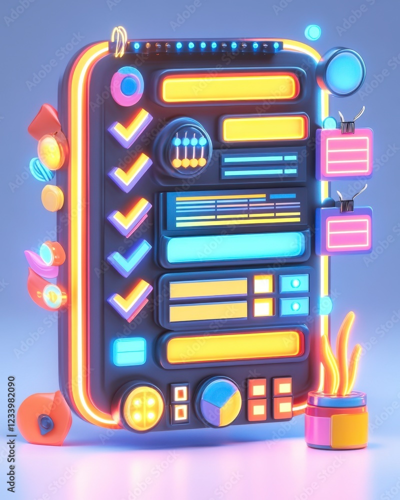 Poster a colorful, illuminated interface design featuring various shapes and symbols, ideal for digital or 
