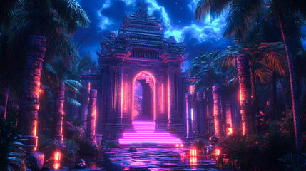 Vibrant digital artwork of an enchanted ancient temple illuminated by neon lights
