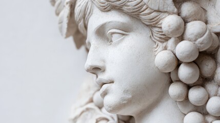 An antique Roman-Greek white marble gypsum sculpture bust of a woman adorned with grape leaves in her hair, set against a transparent white background.
