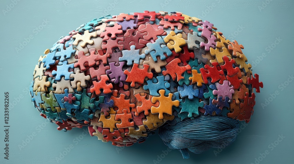 Poster brain composed of colorful puzzle pieces symbolizing problem solving and mental challenges