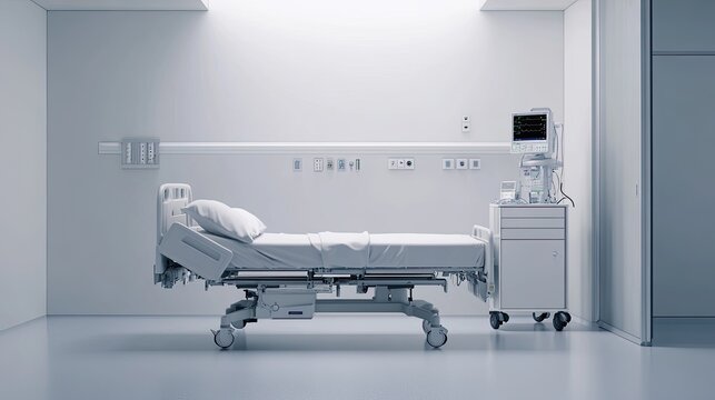 A clean, empty hospital room with a neatly made bed, medical equipment on a side table, and white walls providing ample copy space for healthcare-related content.