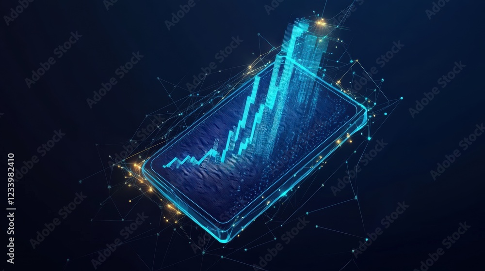 Poster smartphone displaying a financial graph analytics data on the screen for business analysis purposes