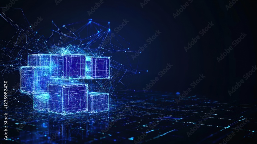 Poster cube with a network of connected lines representing technology and digital connections