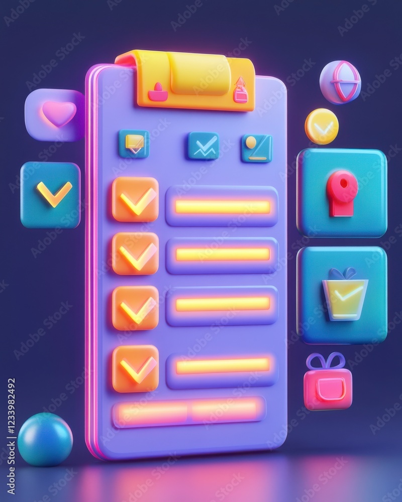 Poster a colorful digital checklist with various icons, featuring buttons and toggles, designed in a modern