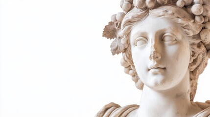 Obraz premium An antique Roman-Greek white marble gypsum sculpture bust of a woman adorned with grape leaves in her hair, set against a transparent white background.