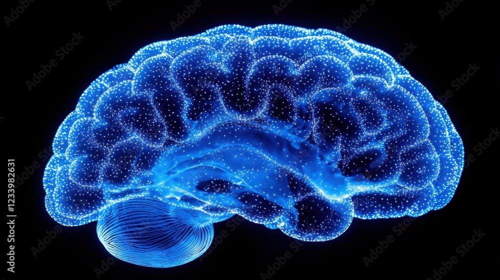 Poster blue brain illustration with multiple dots representing neural connections and activity in a digital