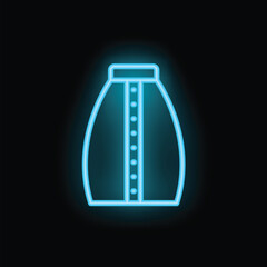 Bright blue neon sign of a skirt with buttons, glowing on a dark background