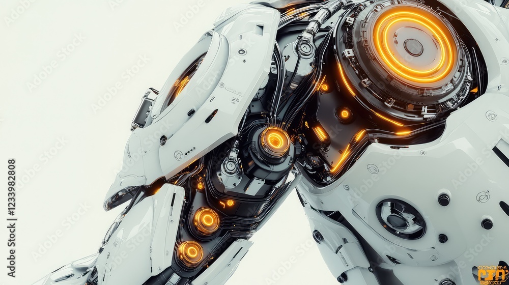 Poster d-rendered robotics concept with metallic arms, glowing ai components, and interconnected gears, for