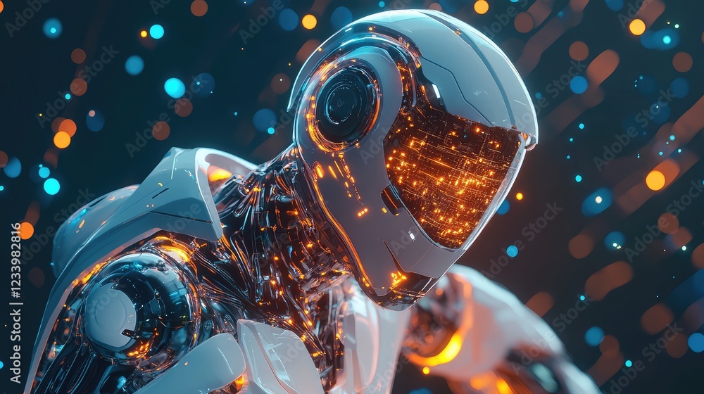 Poster d-rendered robotics elements with futuristic ai-powered machines, digital connections, and glowing e