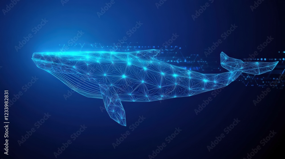 Poster whale illustration with a network of lines and dots representing connectivity in the ocean ecosystem