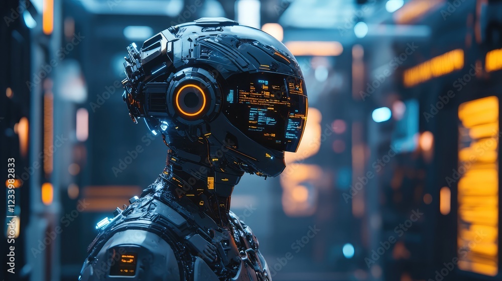 Poster d-rendered robotics elements with futuristic ai-powered machines, digital connections, and glowing e