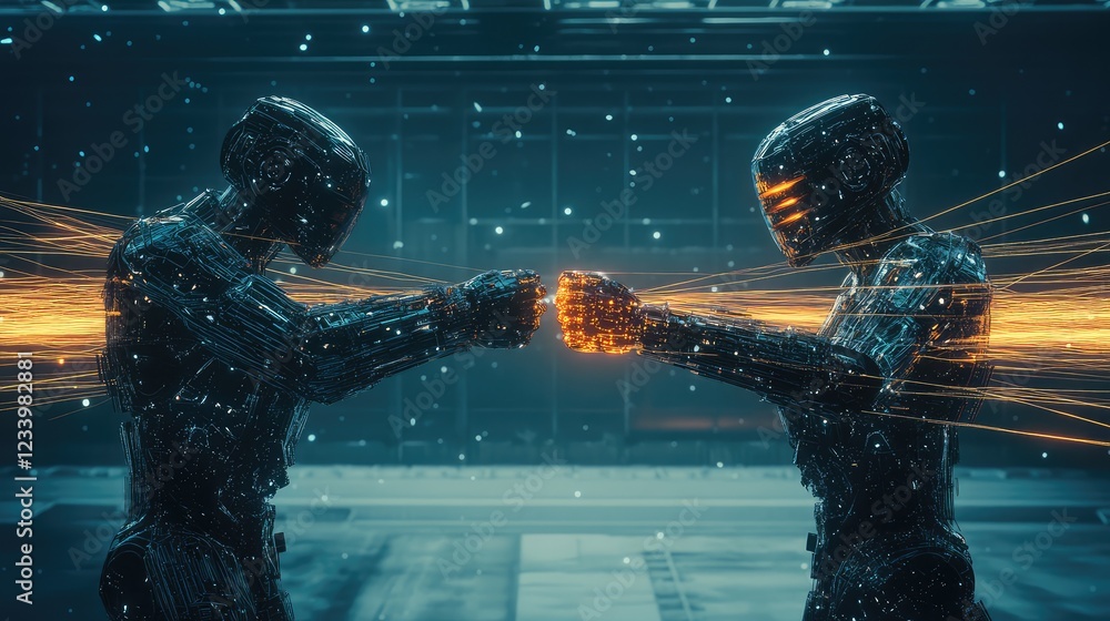 Poster d-rendered robotics elements with futuristic ai-powered machines, digital connections, and glowing e