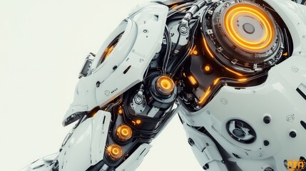 Fototapeta premium D-rendered robotics concept with metallic arms, glowing AI components, and interconnected gears, forming a dynamic and sleek copy space.