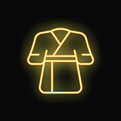 Bright yellow neon sign in the shape of a bathrobe is glowing on a black background