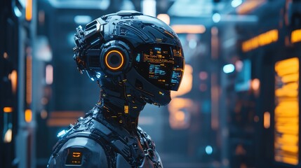 Fototapeta premium D-rendered robotics elements with futuristic AI-powered machines, digital connections, and glowing energy flow, creating a seamless tech copy space.