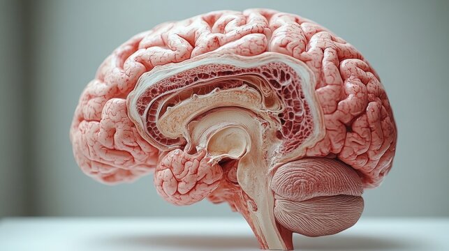 Human brain anatomy illustration showing the top half of the brain with detailed structures and features