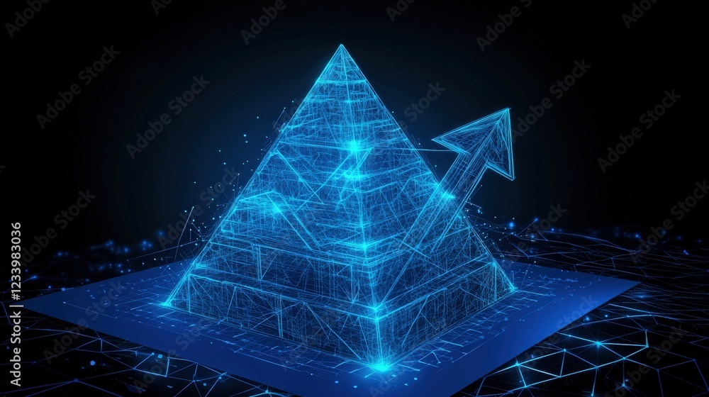 Poster blue abstract polyhedral structure with triangular shapes and geometric patterns in a 3d design