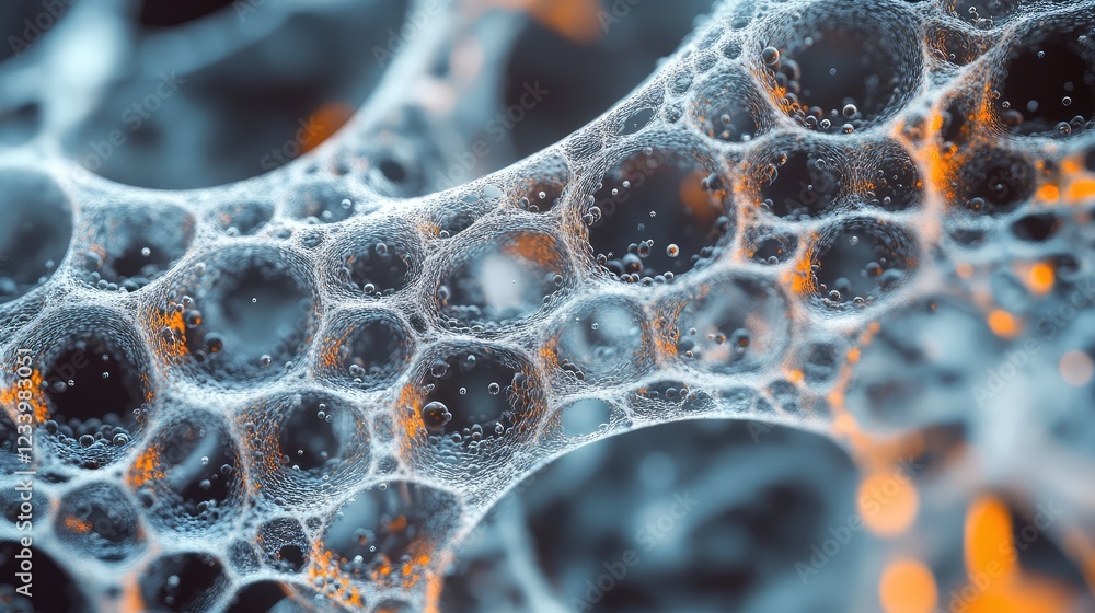 Poster abstract background of interconnected nanostructures and glowing particles, leaving room in the cent