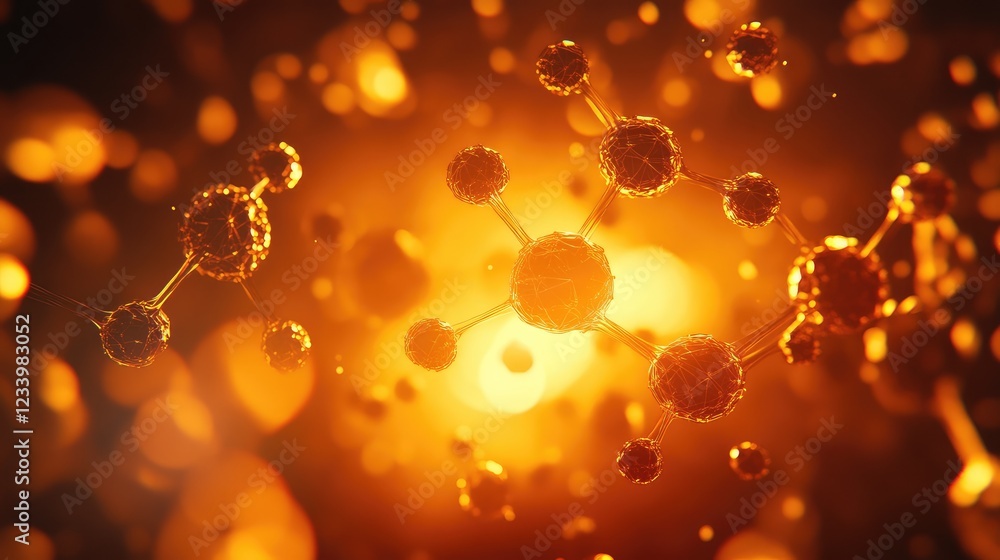 Poster abstract background of interconnected nanostructures and glowing particles, leaving room in the cent