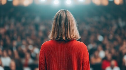 Female founders lead startups with innovation and inspire future entrepreneurs. Person speaking to a large audience from the stage.