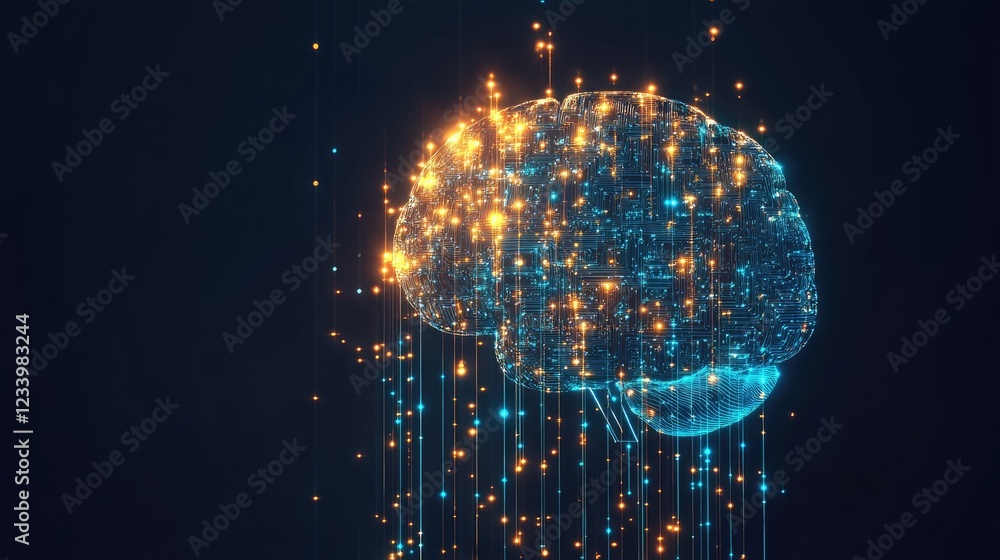 Poster a conceptual image of a startup strategy with a glowing brain and ai-driven business intelligence, c