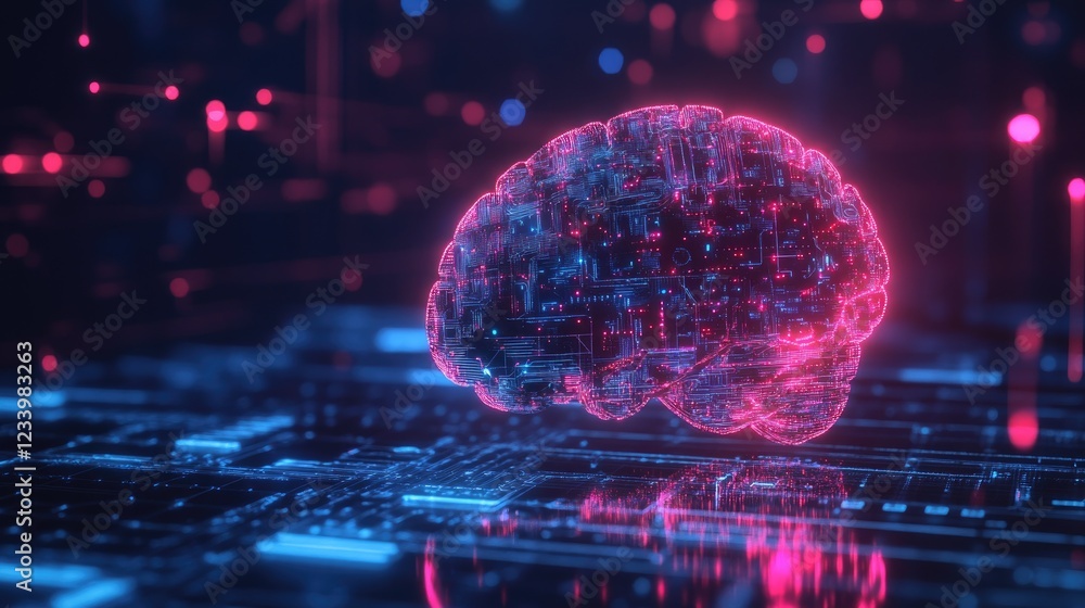 Poster a conceptual image of a startup strategy with a glowing brain and ai-driven business intelligence, c